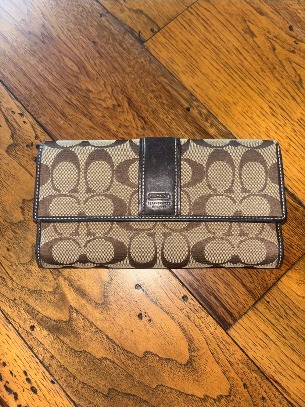 Vintage Coach Brown Signature Canvas Trifold Wallet with Matching Checkbook